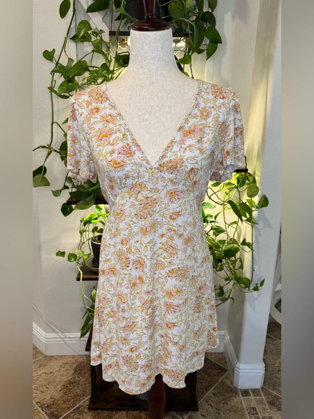 Billabong Cream Floral V-Neck Mini Dress with Pink and Yellow Flowers